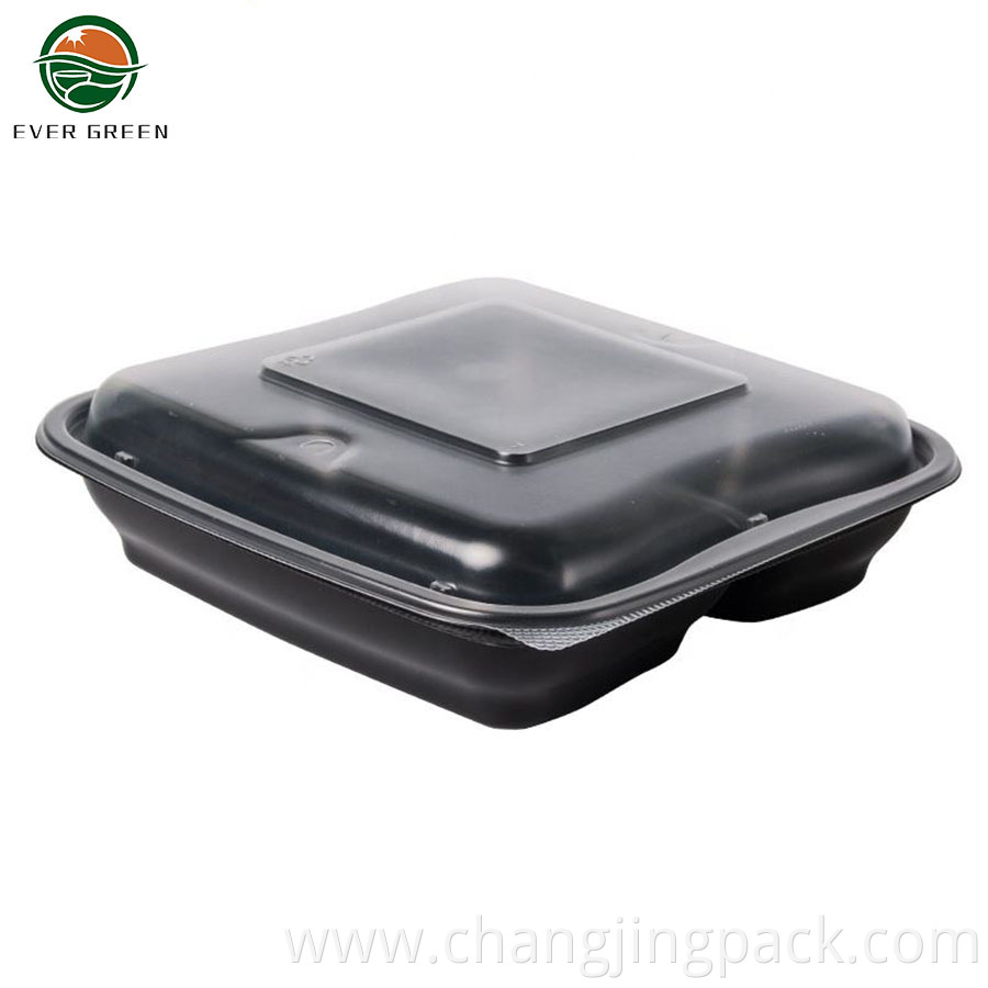 Black Plastic 3 Compartment Food Container - Microwavable, with Lid
